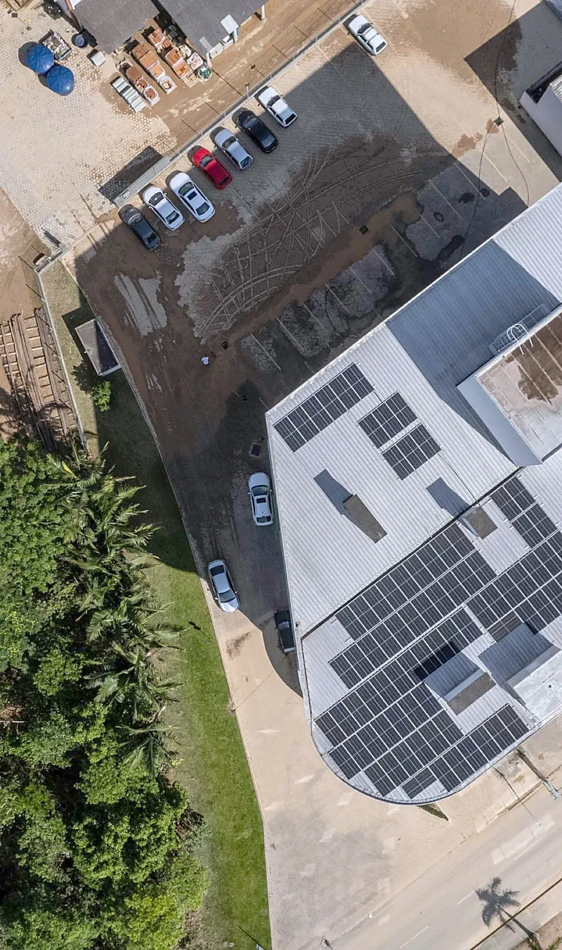 Solar panels on a flat roof, seen from above